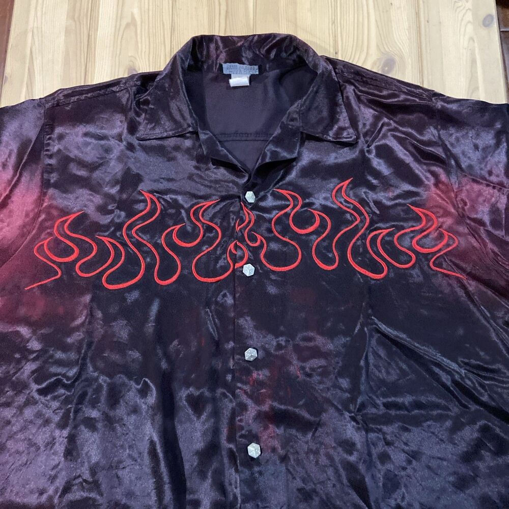 VTG 90s Y2K Johnny Suede Shiny Hot Rod Flame Lounge Shirt Dice XXL Rockabilly